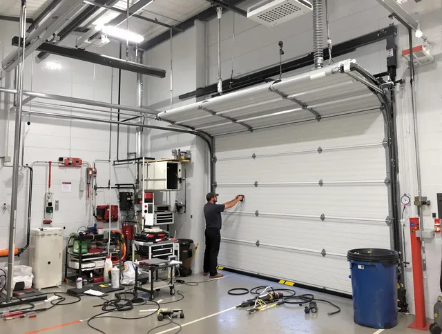 Upland Garage Door Repair certified technician performing commercial door repair at a Upland business facility