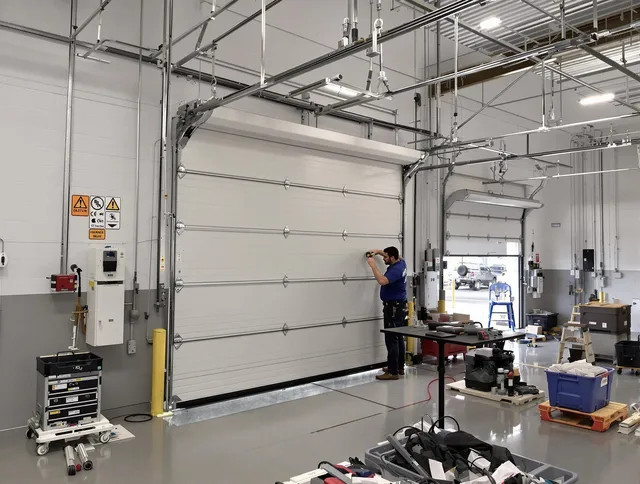 Commercial garage door repair being performed by Upland Garage Door Repair expert in Upland