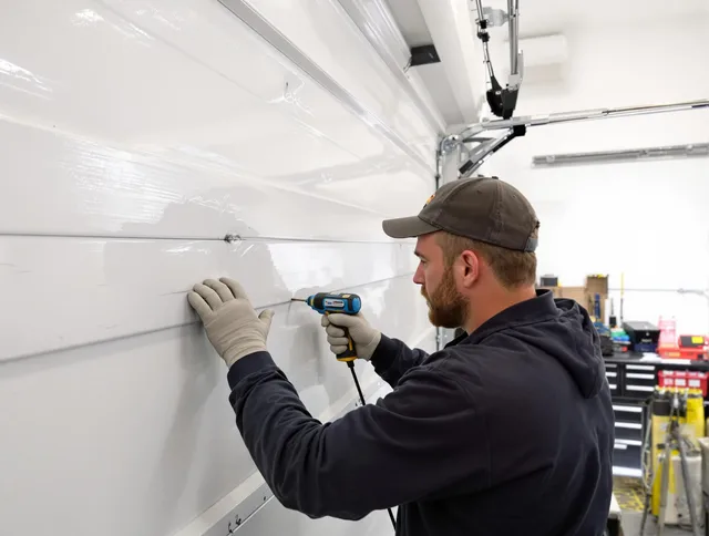 Upland Garage Door Repair technician demonstrating precision dent removal techniques on a Upland garage door