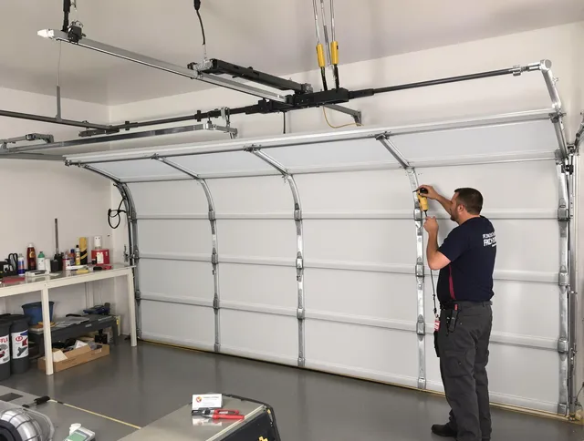 Upland Garage Door Repair certified technician performing overhead door system repair in Upland