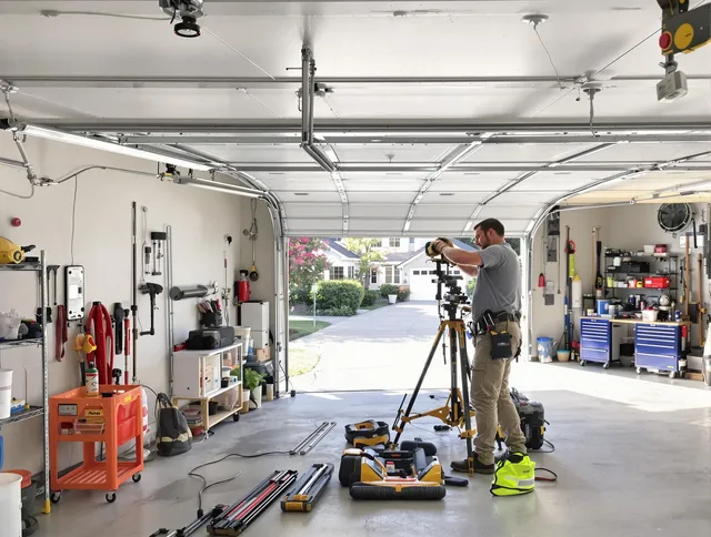 Upland Garage Door Repair specialist performing laser-guided track alignment in Upland